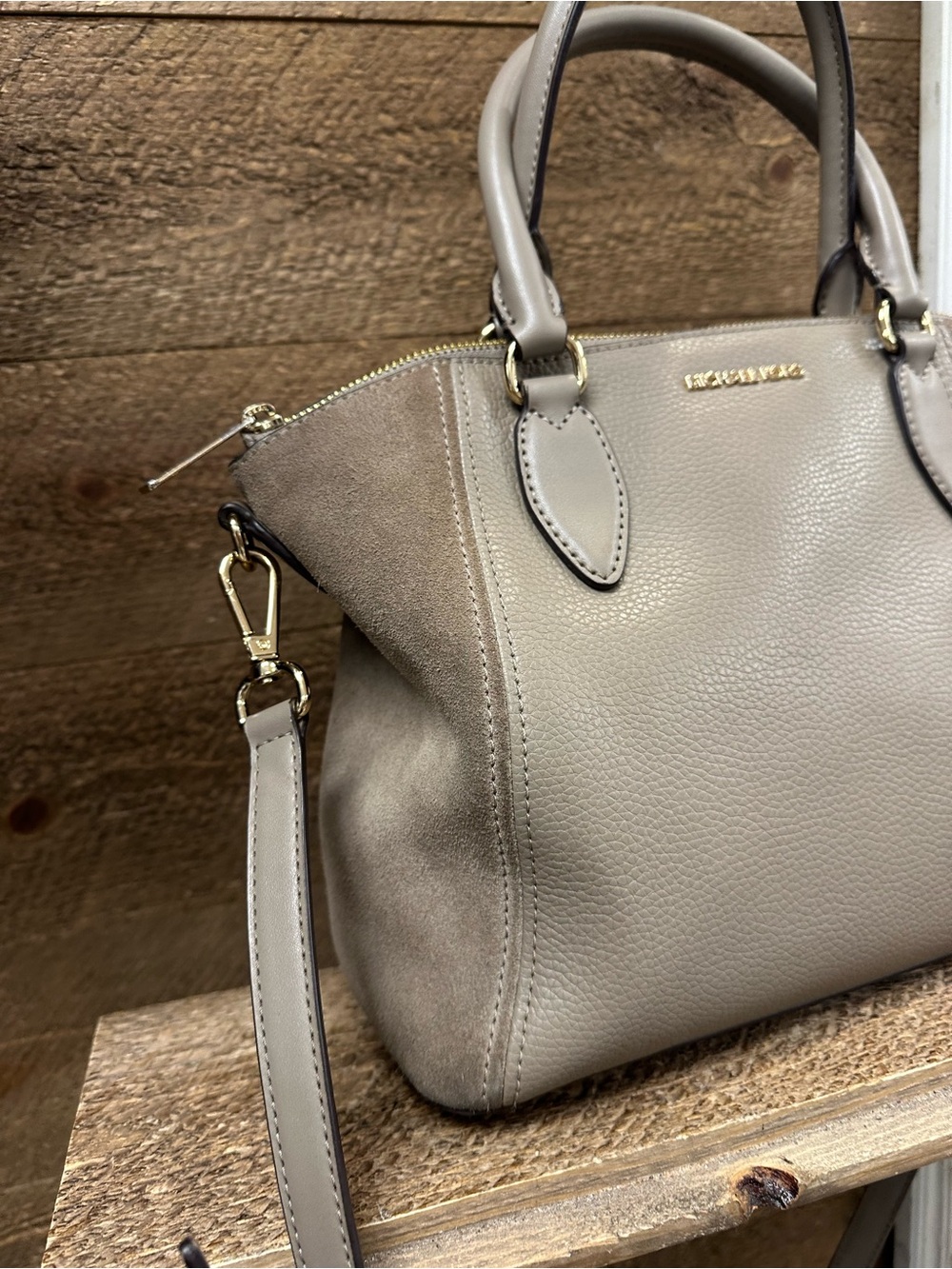 Michael Kors Taupe Pebbled Leather & Suede Satchel Crossbody Bag - Picture 2 of 8